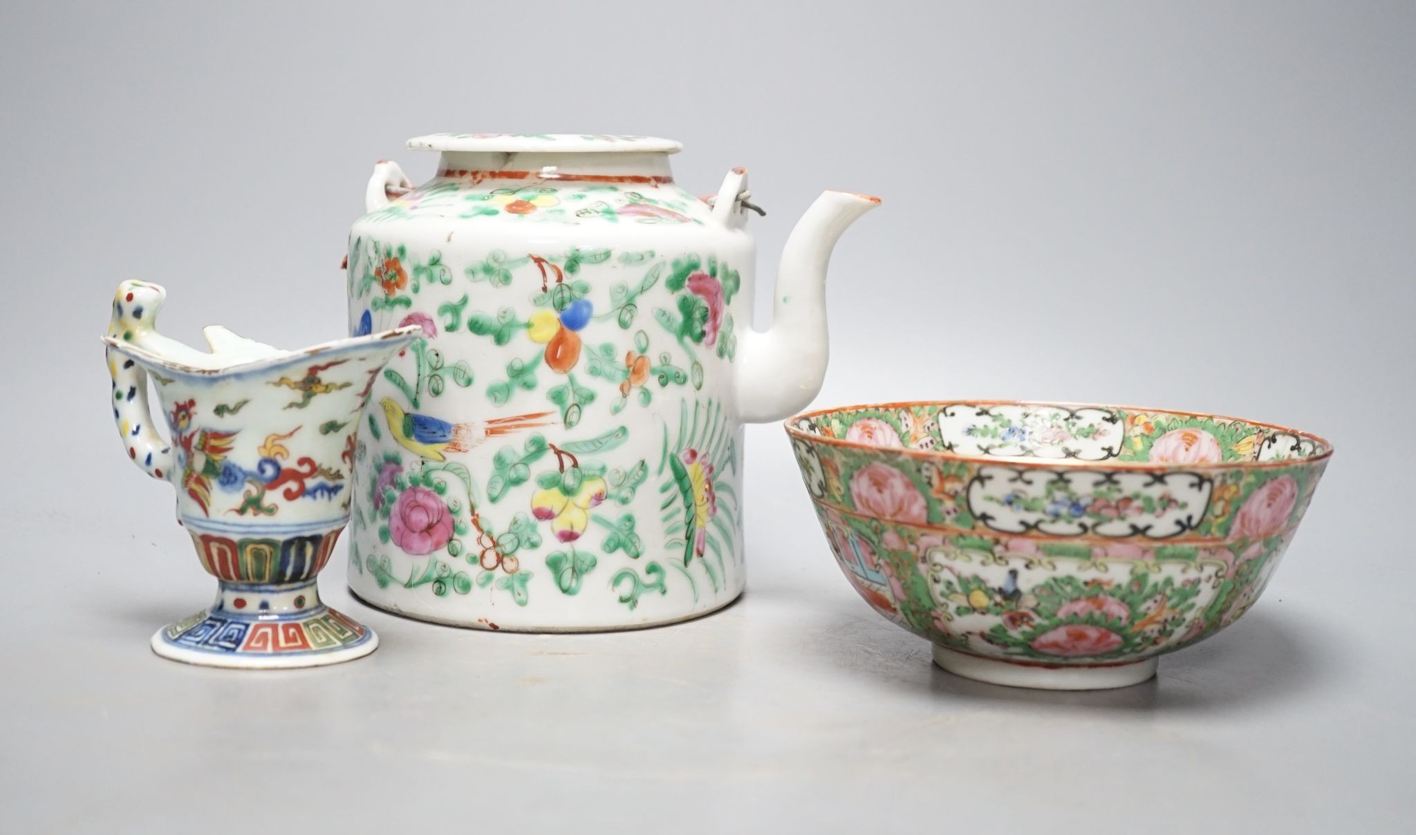 A Chinese famille rose teapot, a similar bowl and an enamelled porcelain jug (3)